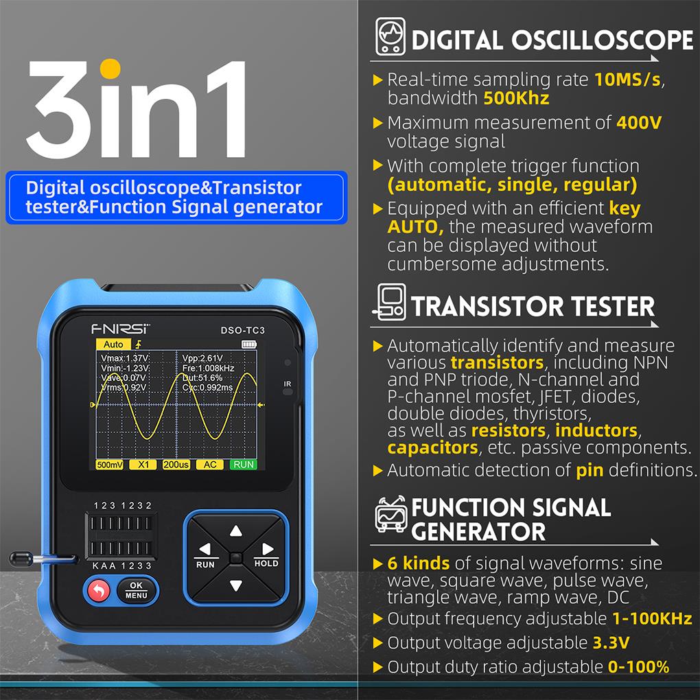 FNIRSI DSO-TC3 3in1 Mini Handh - đánh giá và giá Fnirsi Digital Oscilloscope Handheld